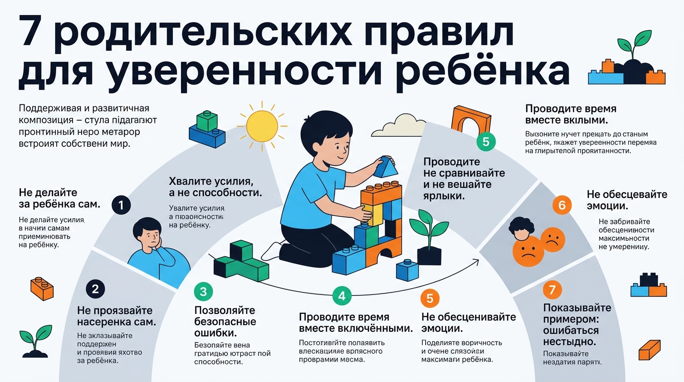 Инфографика: 7 родительских правил для развития уверенности ребёнка, включая похвалу усилий и позволение ошибок.