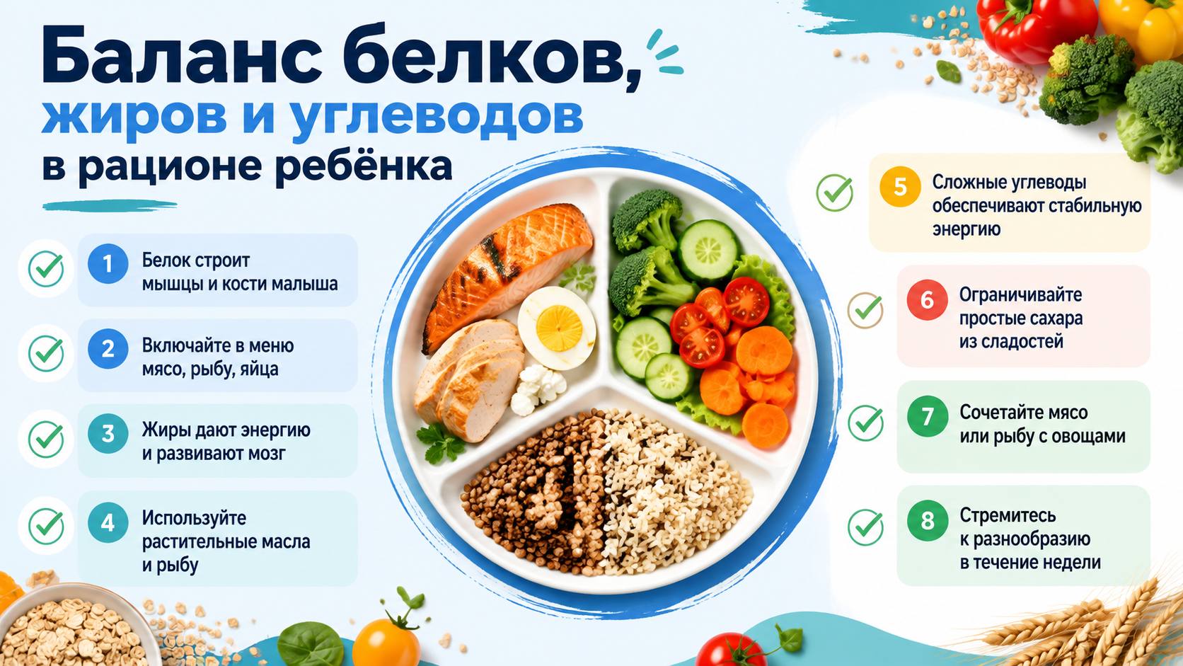 Инфографика по балансу белков, жиров и углеводов в рационе ребёнка