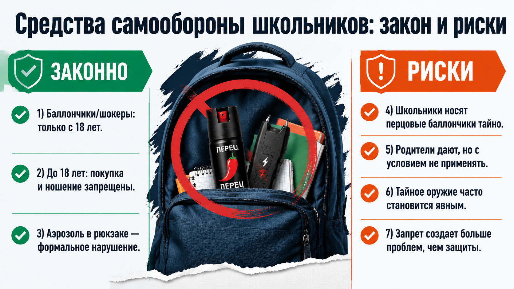 Инфографика о средствах самообороны школьников, законе и запретах.