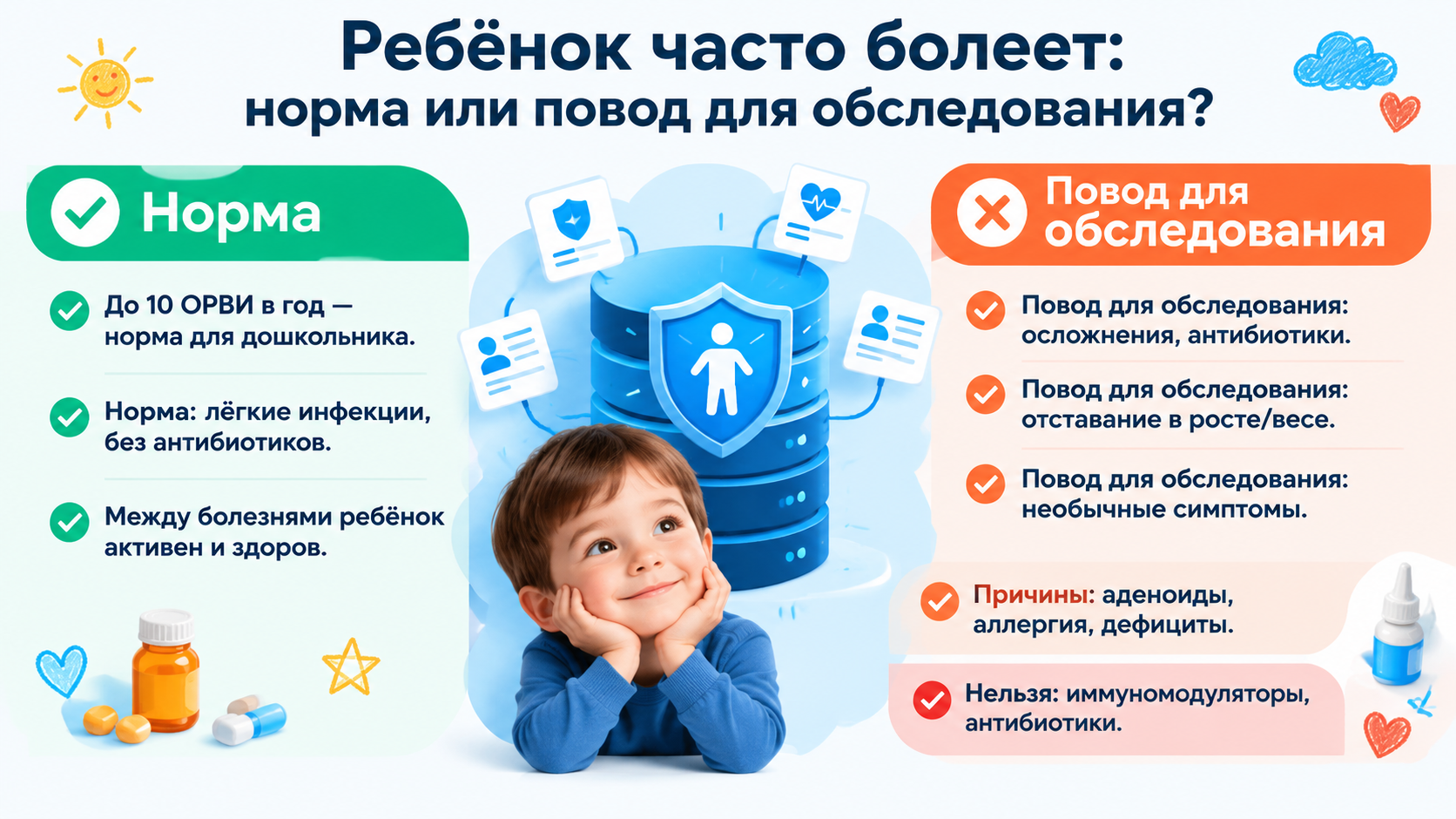 Инфографика о том, когда частые простуды у ребёнка являются нормой, а когда требуют обследования.