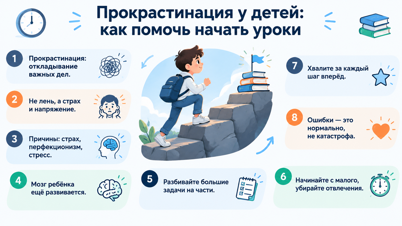 Инфографика о прокрастинации у детей: причины и шаги для родителей.