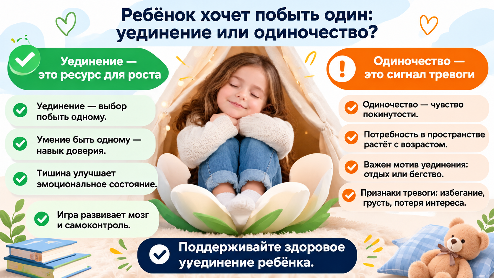 Инфографика о разнице между уединением и одиночеством у детей.